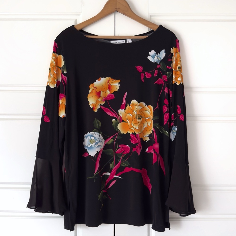 Susan Graver Floral Liquid Knit Top XL Black Bell Sleeves Dark Fairy Whimsigoth